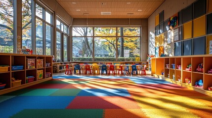 Bright and colorful kindergarten classroom filled with toys and playful decor