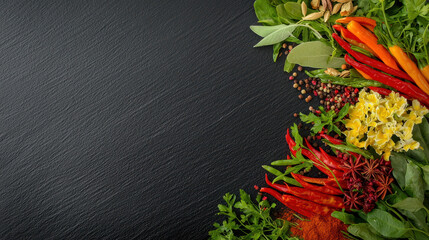 vibrant arrangement of fresh Thai herbs and spices on dark slate background