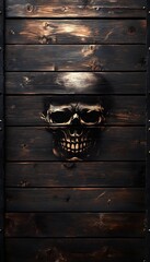 An engraved skull on a dark wooden boarded surface