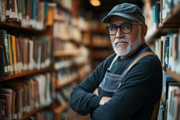 Fototapeta premium Elderly man with glasses stands confidently in a library surrounded by shelves of books in an inviting atmosphere