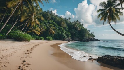 Tropical beach scene with palm trees, sandy shore, gentle waves, and lush greenery under a partly cloudy sky