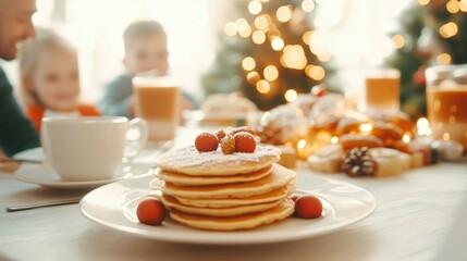 A family enjoying a Christmas morning breakfast with pancakes and hot chocolate, bright natural light and simple tableware,