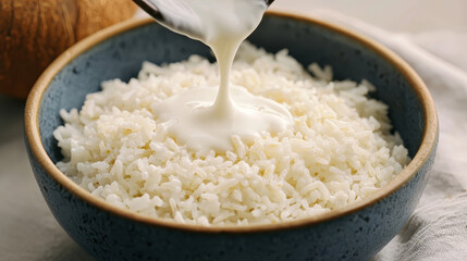 Creamy coconut sauce poured over sticky rice in blue bowl