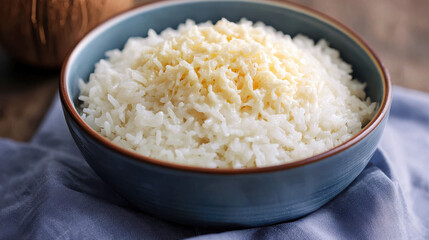 bowl of creamy coconut rice on blue cloth
