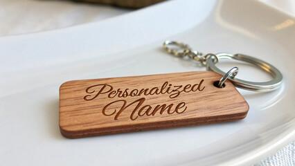Elegant Wooden Keychain with Custom Engraved Name Plate on a White Background