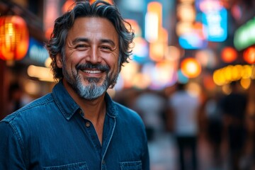 Fototapeta premium Smiling man with gray hair standing in vibrant street filled with colorful lights at night