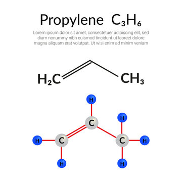 Propylene, Propene (C3H6) gas. molecular structural chemical formula, ball-and-stick model, suitable for education or chemistry science content. Vector illustration