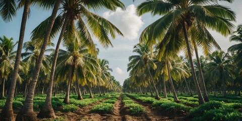 Coconut palm plantation with symmetrical rows of trees and green undergrowth under bright sky