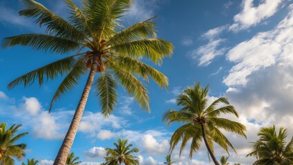 Obraz premium Tropical palm trees against a backdrop of blue sky and fluffy white clouds in a bright sunny day.