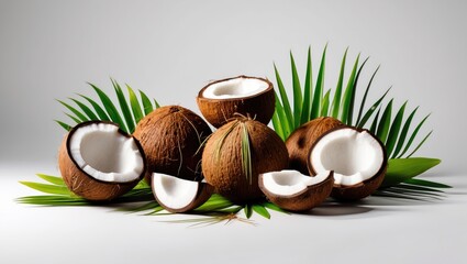 Coconuts cut in half arranged on green palm leaves with bright lighting and neutral background displaying natural texture and color