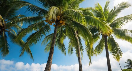 Obraz premium Tall tropical palm trees against a bright blue sky with scattered clouds on a sunny day in a coastal environment.