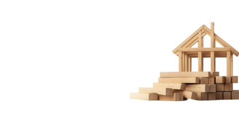 Wooden house building model transparent background construction project minimalist design studio environment close-up view