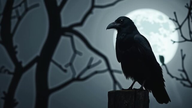 Black raven in moonlight perched on tree. Scary, creepy, gothic