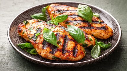Grilled chicken breasts garnished with fresh basil leaves