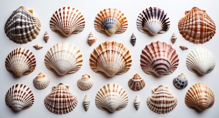 Various seashells arranged on a light background showcasing different shapes and patterns of marine mollusks