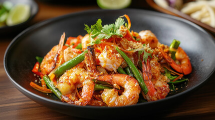 Fototapeta premium Spicy shrimp stir fry with vegetables in black bowl