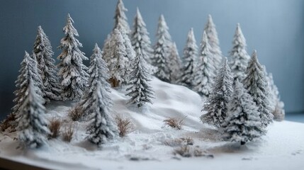 Naklejka premium 13.Miniatures of winter forest landscape with mountains and snow