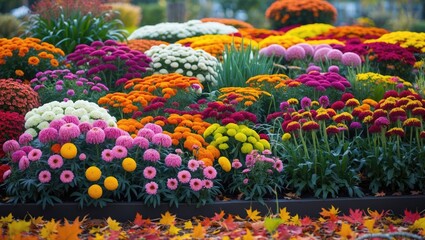Fototapeta premium Vibrant flower garden displaying a variety of colorful chrysanthemums in different hues surrounded by autumn leaves