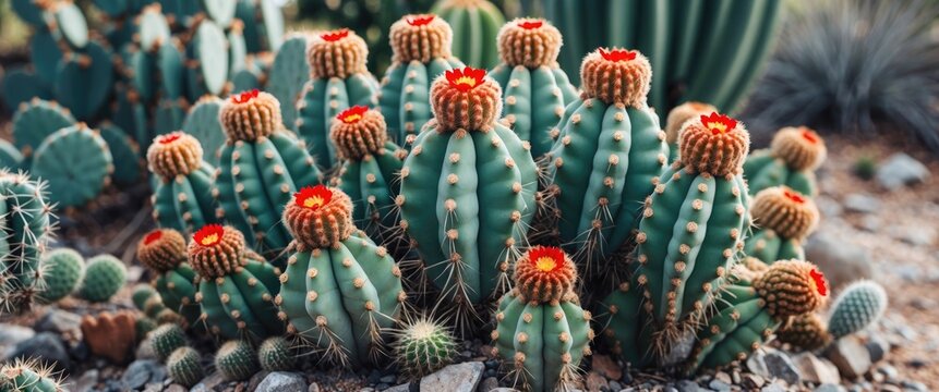 Group of vibrant flowering cacti with red blooms in a rocky desert landscape - Powered by Adobe