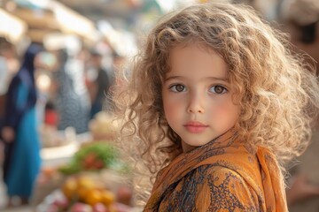 Young child with curly hair gazes at market stalls in a busy bazaar during the afternoon