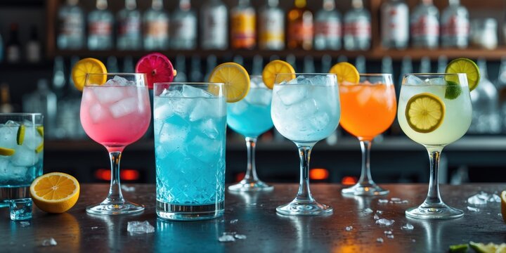 Colorful cocktails with ice in various glasses on a bar counter with blurred bottles in the background
