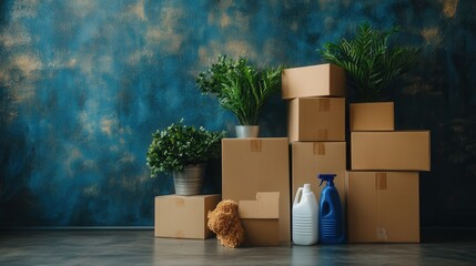 Fototapeta premium Moving day scene with cardboard boxes plants and cleaning supplies against a textured blue wall creating a cozy and organized atmosphere in a home interior