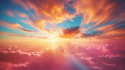 Fototapeta premium Colorful sunset sky with clouds and sun rays illuminating the horizon in a vibrant and dramatic atmosphere.