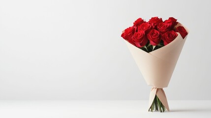 Elegant bouquet of fresh red roses wrapped in paper for romantic occasions