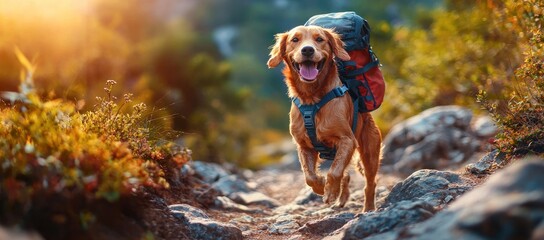 Happy Golden Retriever dog hiking on a trail with backpack.