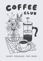 Coffee club graphic print design for t shirt, apparel, posters. Retro Kitchen wall art.