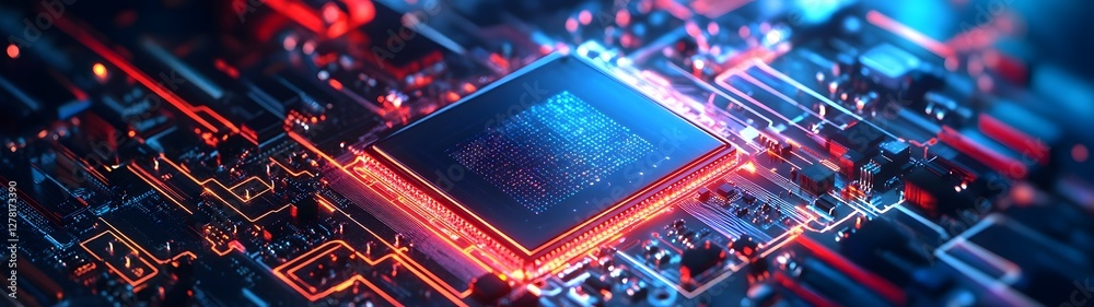 Poster Closeup shot of a futuristic microchip or processor on a glowing digital circuitry electronic board background  The cyberpunk inspired color palette of red and blue lights creates an abstract