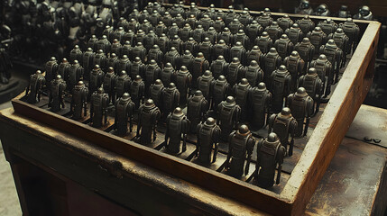 Obraz premium Rows of Miniature Metal Soldier Figurines in an Industrial Setting With Moody Lighting