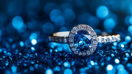 Fototapeta premium Sapphire ring with a halo of small diamonds on blue lights background