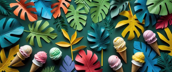 Colorful ice cream cones arranged on a green background surrounded by vibrant paper leaves in various shapes and sizes