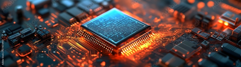 Poster closeup view of a complex cutting edge microchip and circuit board with intricate electronic components showcasing the advanced technology and engineering in a futuristic digital environment