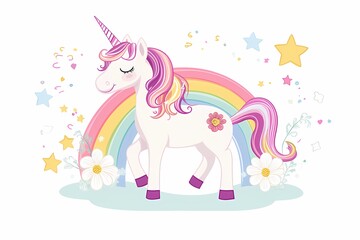Naklejka premium Cute magical unicorn with rainbow, flowers, star. flat cartoon illustration. kawaii style