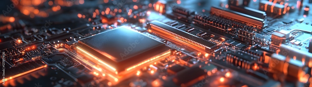 Poster Closeup view of a complex colorful electronic motherboard with various microchips processors and circuits glowing in the dark against a futuristic high tech background