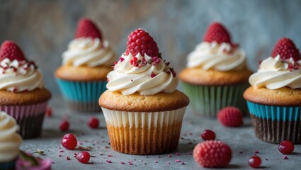 Gourmet raspberry topped cupcakes with cream frosting and scattered berries on a textured background