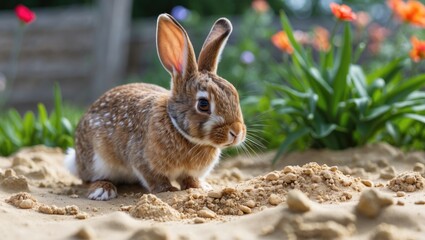 Fototapeta premium Brown rabbit resting on sandy ground with flowers in the background during daytime in a garden setting.