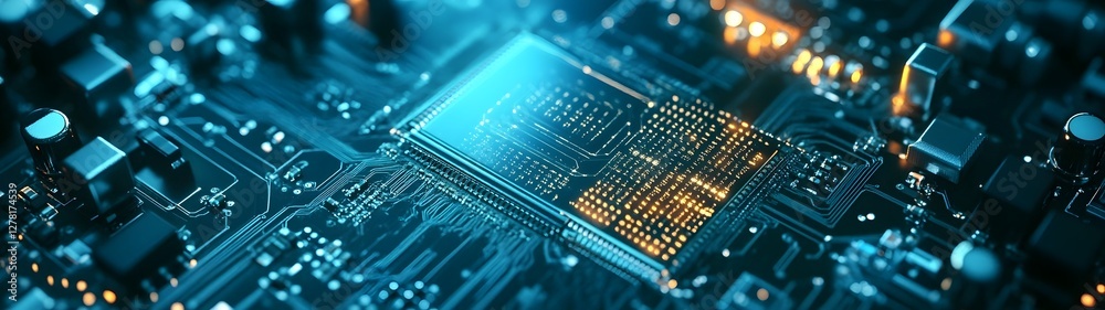Aufkleber Closeup view of a futuristic digital circuit board with glowing microchips processors and electronic components  Conceptual image representing modern intelligence data and information processing