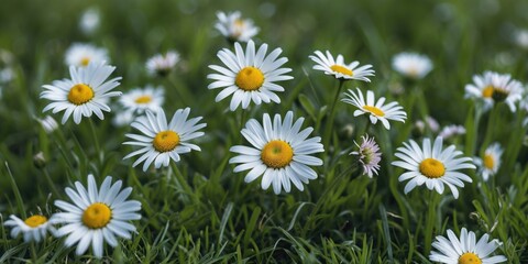 Fototapeta premium Daisies blooming in a green grassy field with a variety of white petals and yellow centers in natural outdoor setting
