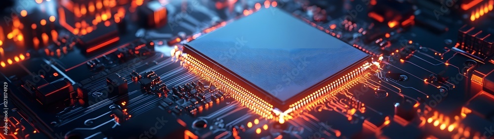 Poster Closeup view of a futuristic computer processor microchip circuit board with glowing electronic connections and technological elements
