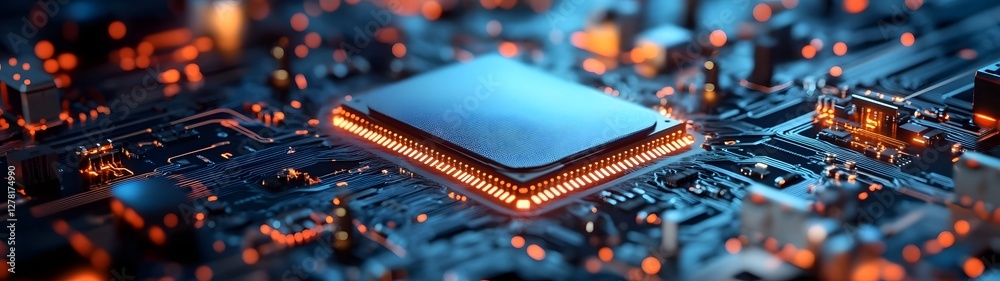 Poster Closeup view of a futuristic electronic circuit board with glowing microchips processors and intricate circuitry  This high tech image represents the complexity and power of modern digital technology
