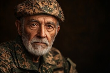 Fototapeta premium Elderly soldier in military uniform shows wisdom and experience in a thoughtful expression