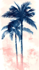 Illustration of two palm trees, white background, pink and blue colors
