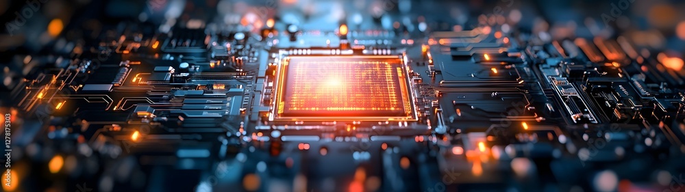 Poster Closeup view of a glowing microchip on a complex circuit board with a technological and futuristic texture representing computer hardware digital innovation and engineering
