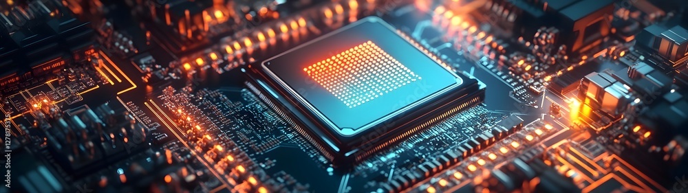 Fototapete Closeup view of a powerful integrated circuit microchip on a high tech computer motherboard with glowing lights electronic components and intricate circuit patterns
