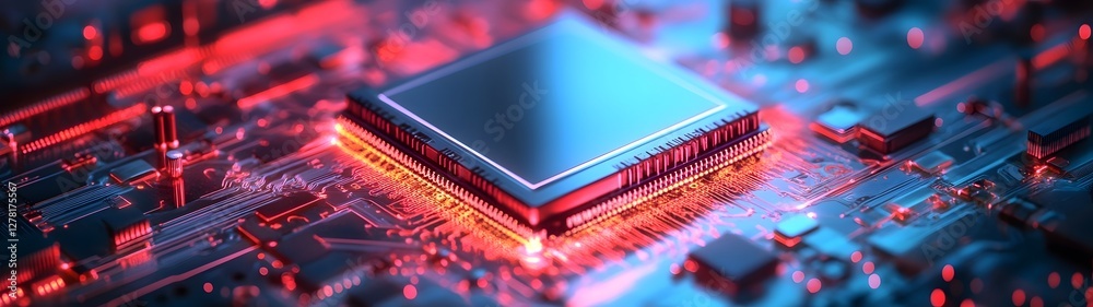 Poster Closeup view of a powerful microchip on a high tech circuit board with glowing red lights representing the complexity and innovation of modern electronic technology and digital infrastructure