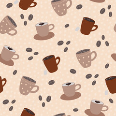 Cup of fresh coffee, tea on handmade napkin, seamlerss pattern. Design for postcard, cafe, restaurant. Flat handdrawn vector illustration