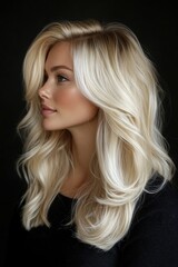 Naklejka premium Radiant woman with flowing blonde hair in profile against a dark background showcasing beauty and style for fashion and hair care products
